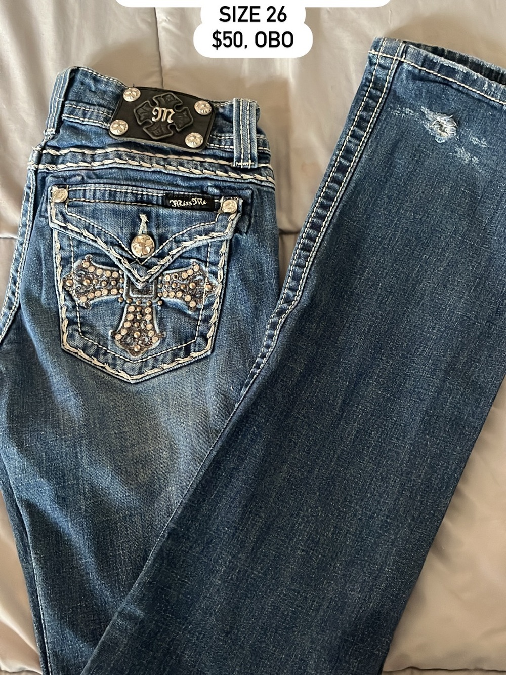 Miss Me Blue Skinny Jeans with Embellished Cross Back Pockets